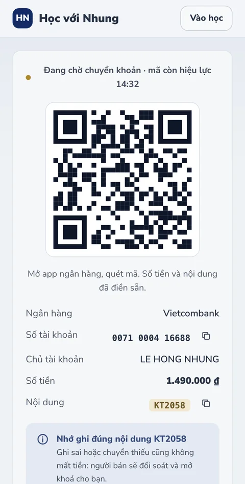 Trang thanh toán trên điện thoại: mã QR chuyển khoản kèm số tiền và nội dung chuyển khoản